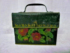 Antique Lawrence MA ADVERTISING ToleWare Tin Lunch Box HP Floral Design Folk Art