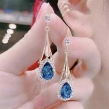 3Ct Pear Lab Created Blue Sapphire Drop/Dangle Earrings 14k White Gold Plated