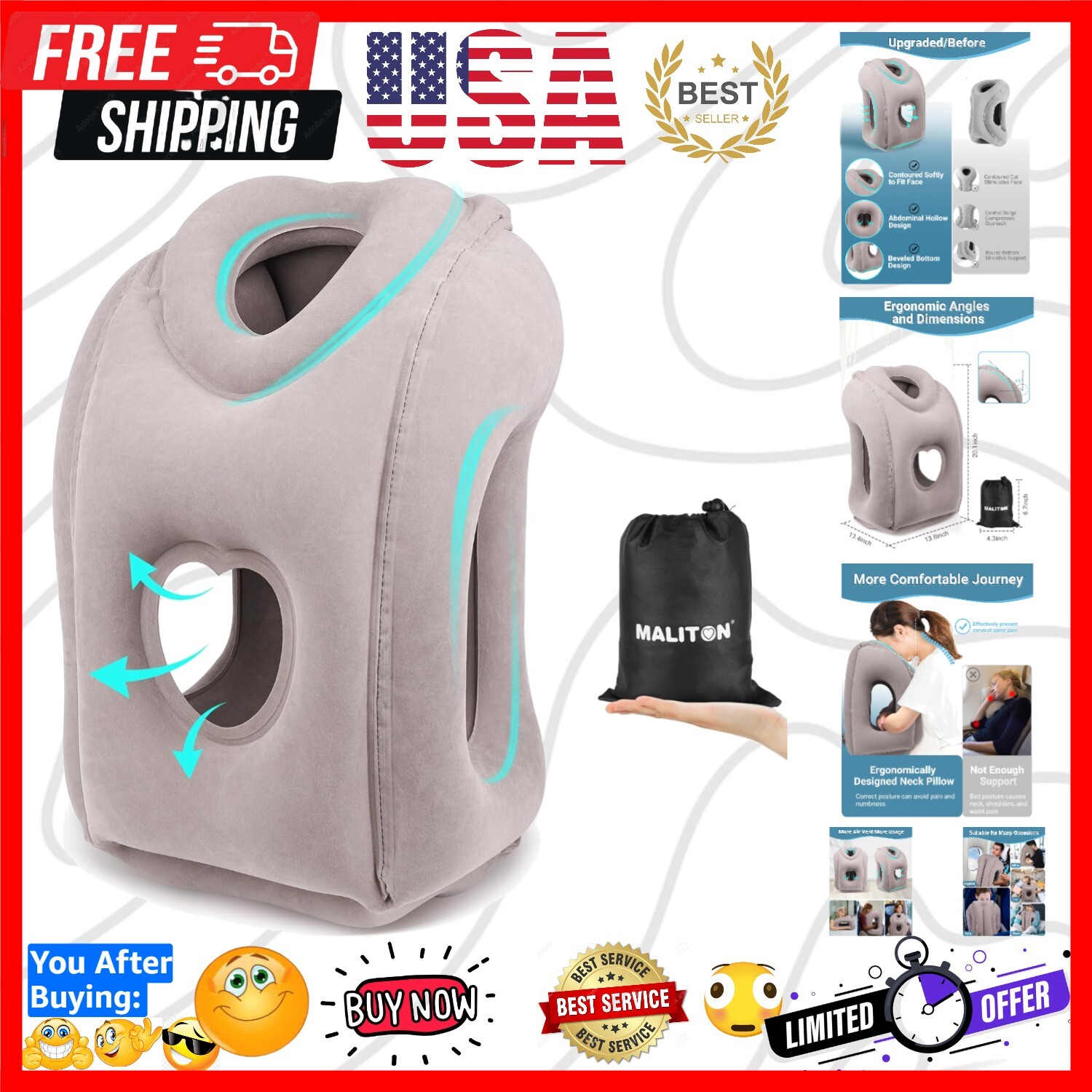 Compact Inflatable Travel Pillow with 45° Neck Support for Comfortable Journeys-image