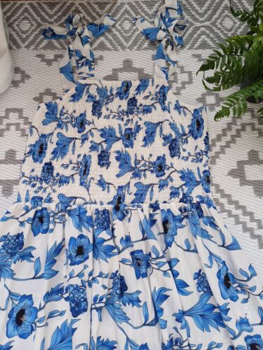 Pretty Blue White Floral Shirred Floaty Midi Maxi Sun Dress 👗 1XL Fit 18 20 22 - Picture 3 of 8