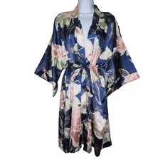 New Vintage 90s Y2K Knee Length Kimono Robe Blue Pink Roses Belted Womens OS