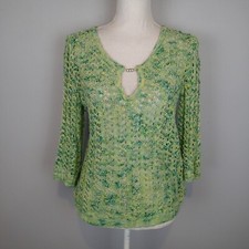 ST. JOHN SPORT Green Yellow Crochet Open Weave 3/4 Sleeve Sweater Top sz s