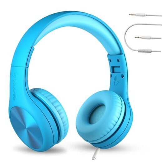 Connect+ Pro Wired Kids Headphones for School with Microphone, Volume Blue