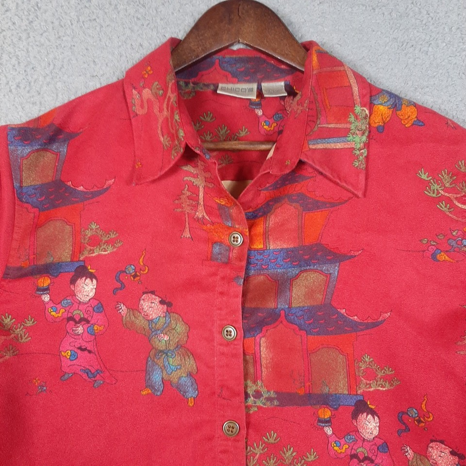 Chicos Button Up Women's 2 Red Japanese Chinoiserie Print Faux Suede