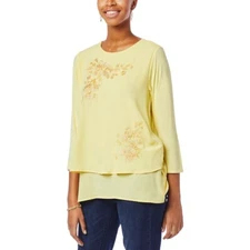 size XS  DG2 by Diane Gilman 3/4-Sleeve Embroidered Easy Top yellow new