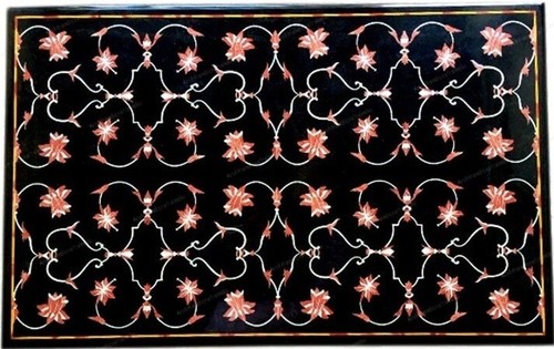 Handmade Black Marble Inlay Dining Table Top – Rectangle Pietra Dura 60"×36" - Picture 3 of 6