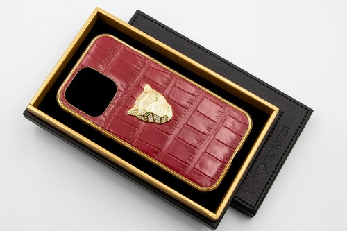 24K GOLD LUXUS iPhone 15 Pro Max ROT LEDER PANTHER EDITION MAGNETISCHE HÜLLE - Bild 3 von 7