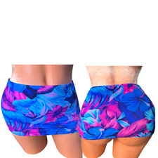 Micro mini skirt pull on exotic dancewear bikini coverup blue magenta floral