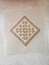 Completed Stitched Needlepoint Canvas Gold Diamond Square with Hearts