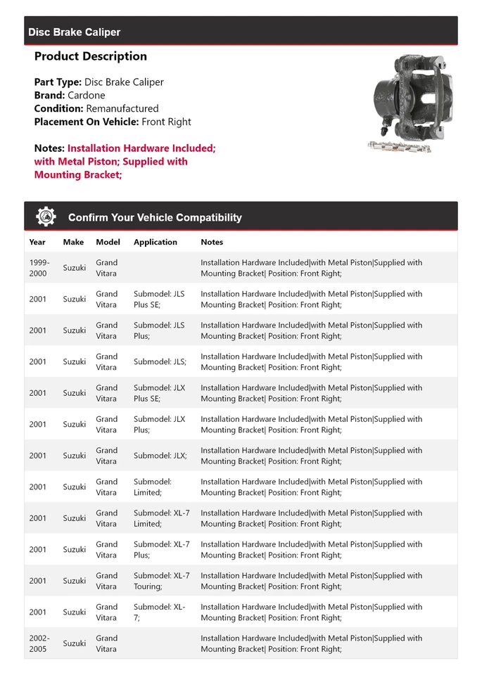 Pinza de freno de disco delantera derecha Cardone 2000 para Suzuki Grand Vitara 1999-2005 Foto 2 de 4