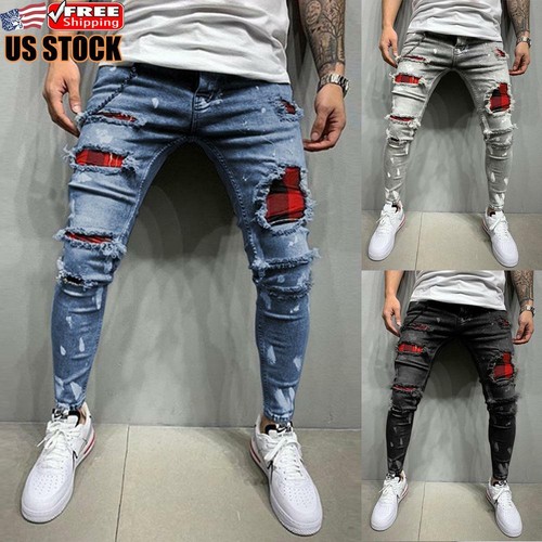 Mens Skinny Ripped Jeans Stretch Denim 