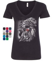 Chief Skull Warbonnet Headdress Women's V-Neck T-Shirt Native American Heritage