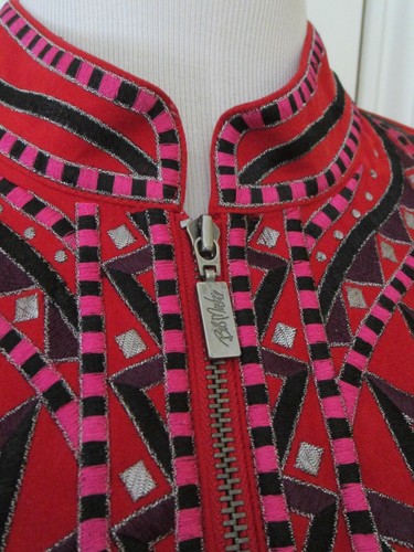 BOB MACKIE Wearable Art Full Zip Red Tribal Velvety Jacket – Sz Large - Picture 2 of 8