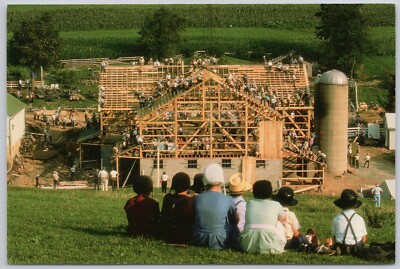 Amish Country Farmerstown Ohio Vintage Postcard Barn Raising Construction