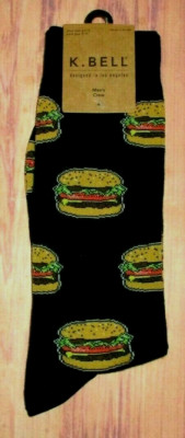 MENS K.BELL HAMBURGER BLACK CREW SOCKS ONE SIZE (SHOE SIZE 6.5 -12)