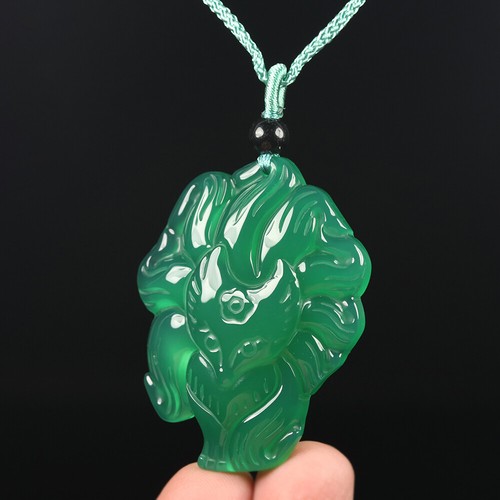 Natural Emerald Green Icy Agate Chalcedony Jade Pendant 9 Tails Fox A-G-04101 - Picture 5 of 7