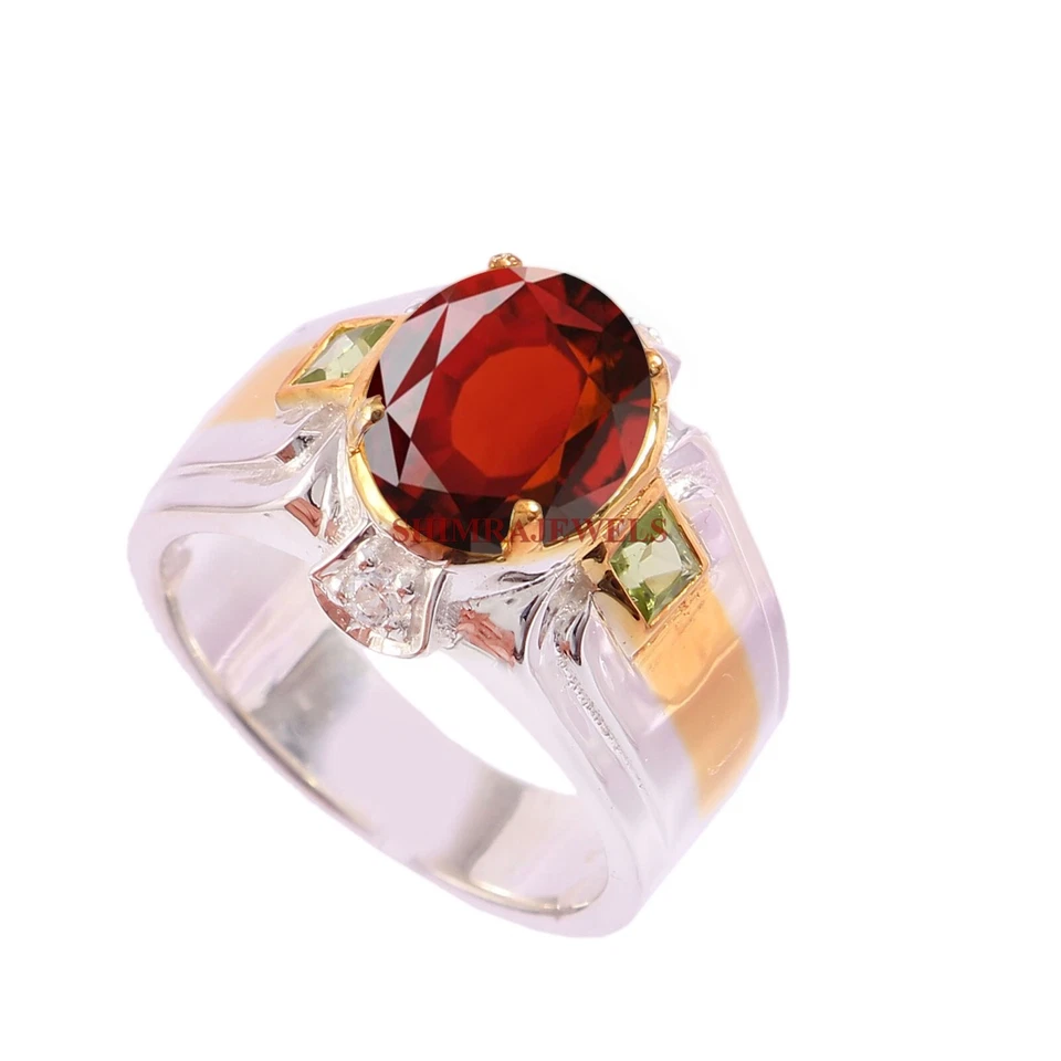 Grossularia Granato & Peridoto Con Placcato Oro Bianco Anello Argento per Uomo # - Immagine 3 di 4