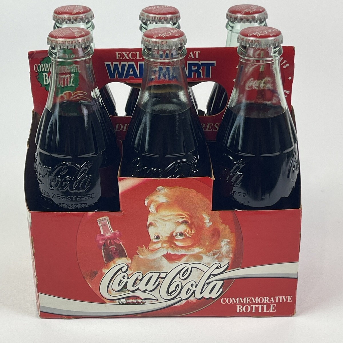 New! 1994 Commemorative Coca Cola Six Pack Of Glass Bottles Santa