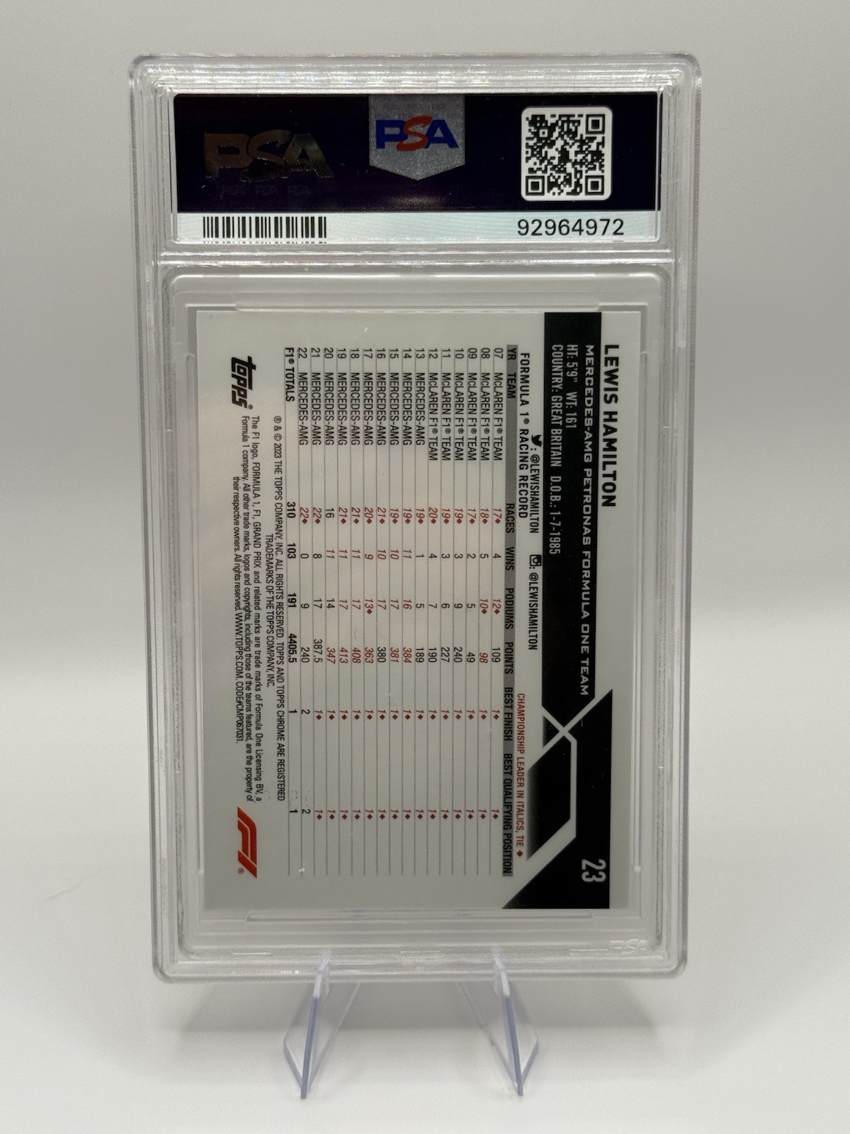 Topps 2023 Sapphire F1 Lewis Hamilton Mercedes Gold #23 /90 PSA 9 view 2