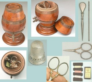 Antique Sewing Set in a Wooden Barrel Case Silver Thimble Germany C1890s