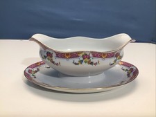 Antique Schumann Bavaria Fine Porcelain China Gravy Boat w/Attached Underplate