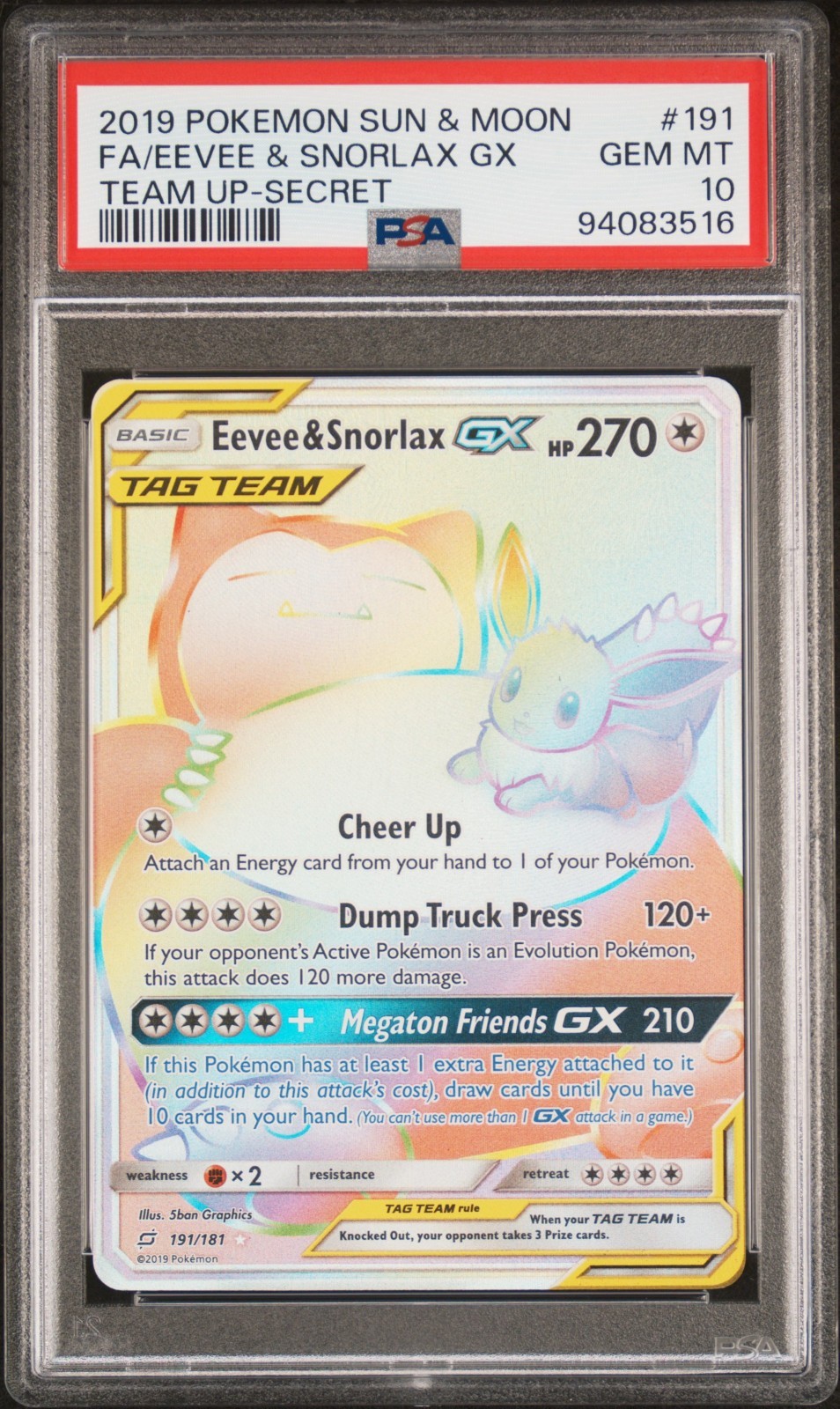 2019 POKEMON SUN & MOON TEAM UP SECRET #191 FULL ART/EEVEE & SNORLAX GX PSA 10