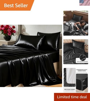Satin Sheets Queen Size Bed Set - 4 Piece Silky Queen Sheet Set, Luxury Black...