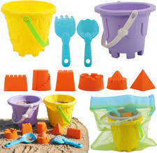 Kids Beach Sand Castle Bucket Set, 2 Buckets with Mesh Bag, 6 Molds, 2 Shovels,