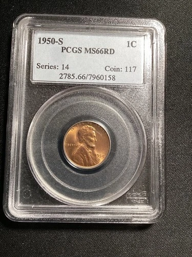 Beautiful High Grade 1950-S Lincoln Cent.  PCGS GRADED MS66 RED