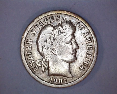 1907 Barber Silver Dime 10c,  F   718-5