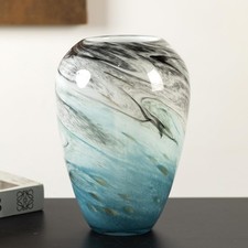 11" H Teal Glass Vases for Flowers, Unique Hand Blown Glass Vase Blue Home De...