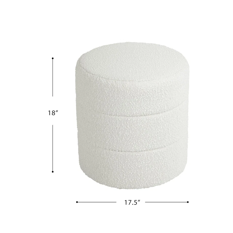 Cream Boucle Round Ottoman Foot Rest Stylish Pouf Seat 17.5 Inch Modern Design - Image 3 of 4