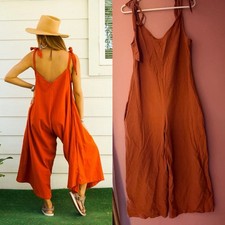Women's Rust Wide Leg Jumpsuit Tie Shoulder Pockets Size Medium