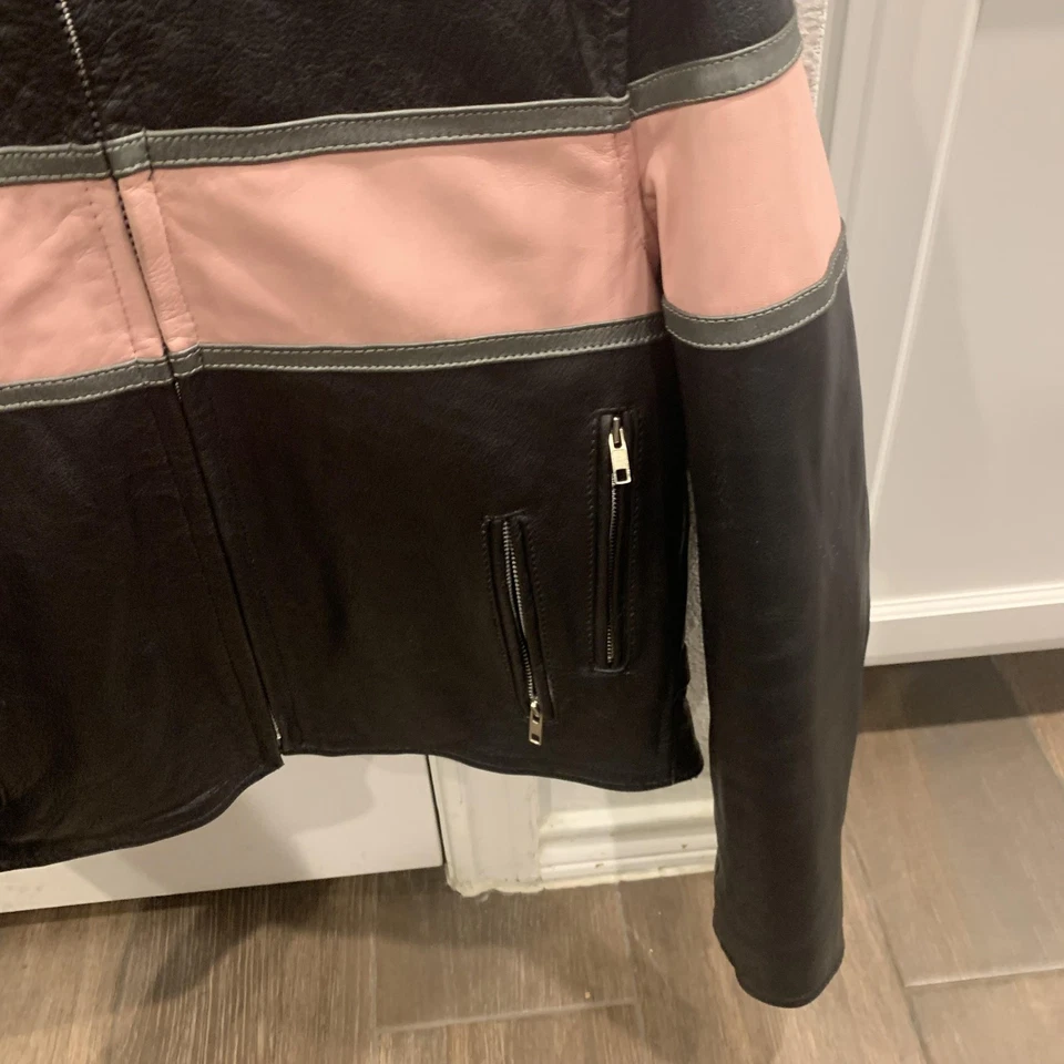 Chaqueta de cuero para motocicleta para mujer grande negra rosa café corredor bolsillos con cremallera motociclista Foto 4 de 4