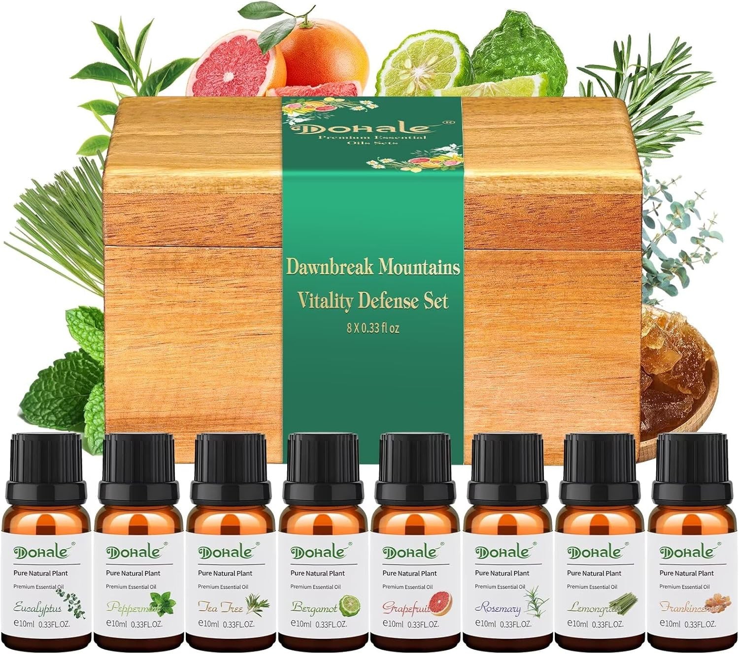 Pure Essential Oils Set w/ Wooden Gift Box Perfect for Diffuser Massage Therapy