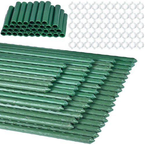 50PCS Green Garden Plant Stakes,11mm x 40cm Plastic Coated Steel Tubes Garden