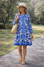 LOFT blue & white abstract print dress (above-knee, long sleeve, button-front)