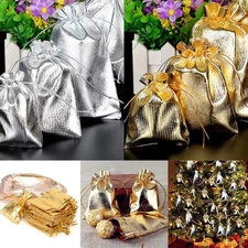 50pc Satin Silk Gold/Silver Organza Gift-Bags Jewelry Drawstring Bags Favors Bag