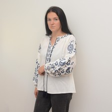 Ukrainian Vyshyvanka Blouse White Birds Embroidery Oversized One Size Boho Top