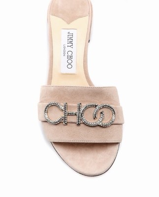 Jimmy Choo Joni Slide Sandals 39 Beige Suede Crystal Logo Block Heel Women