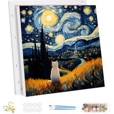 Malen Nach Zahlen Erwachsene mit Rahmen Van Gogh Sternennacht Katze, Paint by...