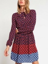 GAP Long Sleeve Tie Neck Retro Clover Print Pocket Navy Red Blue Fall Dress 2