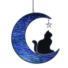 Cat Memorial Gifts for Loss of Cat, Cat on Moon Stained Glass Window Hangings...