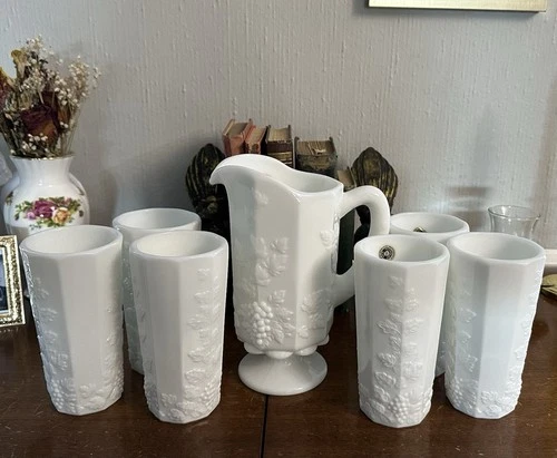 Westmoreland Milk Glass Grape & Cable Pitcher Set w/ 6 Tumblers Vintage