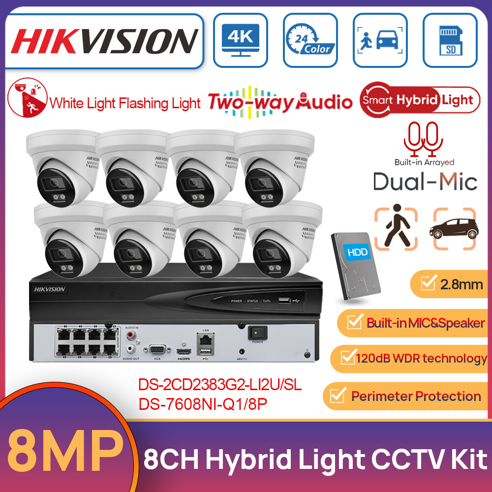 Hikvision 8CH POE NVR 8MP Hybrid Light CCTV Camera System 2Way Audio Light Alarm