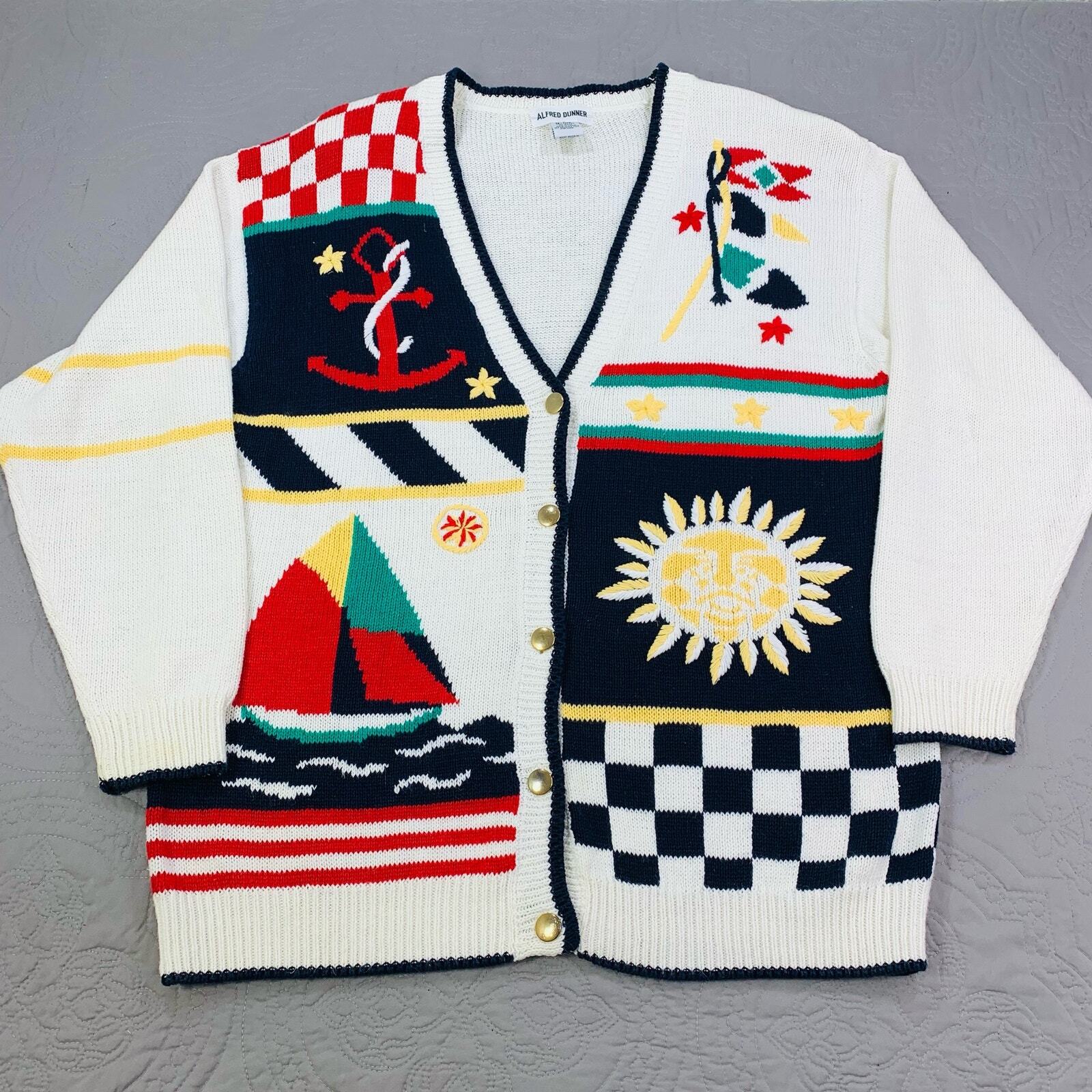 Alfred Dunner Cardigan Sweater Vintage Womens Large Sun Sailing AOP White Knit