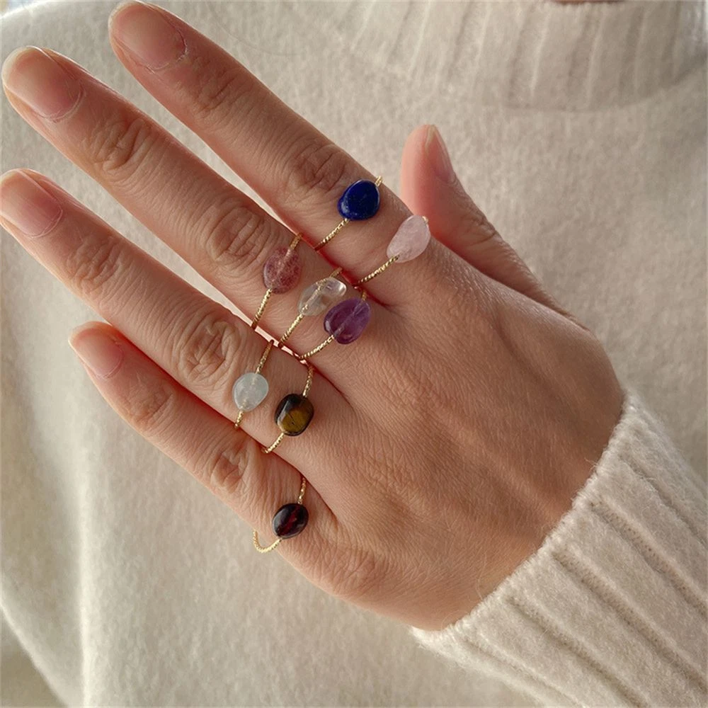 Jewelry Natural Stone Rings Wire Wrapped Crystal Rough Stone Clear