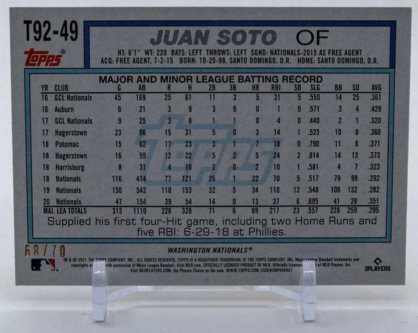 2021 Topps Update 1992 Redux Red Border Juan Soto 68/70 #T92-49 - Image 2 of 2