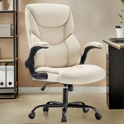 Office Chair Executive PU Leather Ergonomic Flip-up Arms Swivel with Wheels
