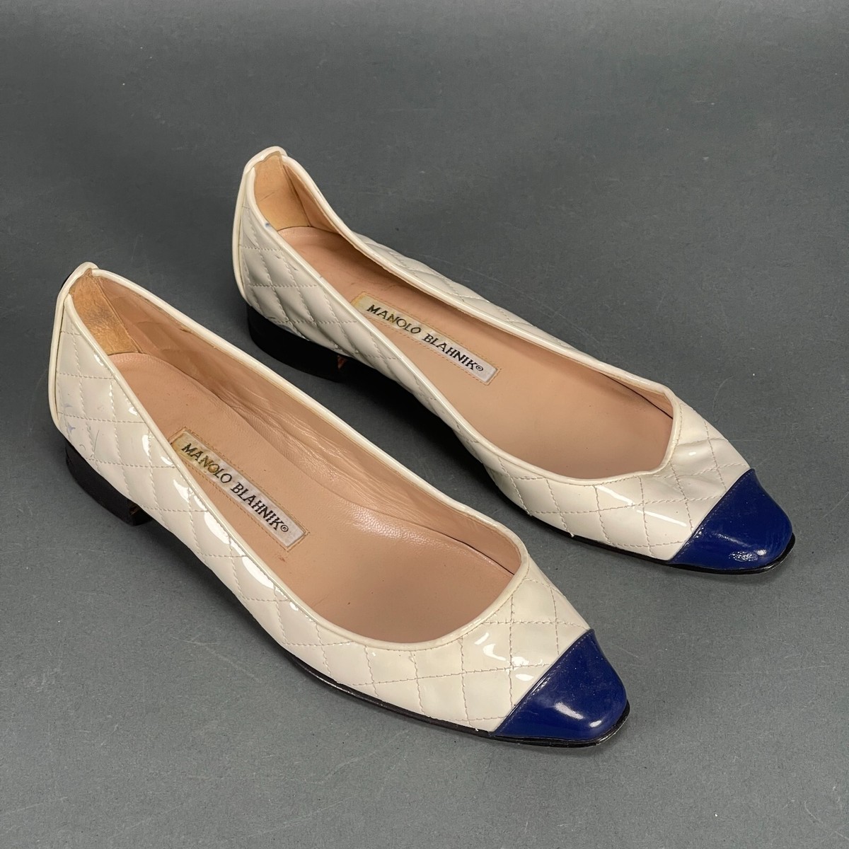 Vintage Manolo Blahnik Quilted Patent Leather Cap Toe Flat